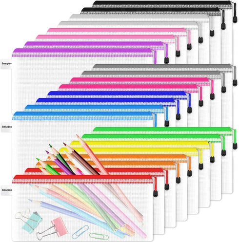 Smarpau 24PCS Pencil Pouches Bulk, 9.3" x 4.7"Mesh Zipper Pouch Pencil Case, 12 Colors Waterproof Small Zipper Pouches for Travel, Cosmetics, Offi...