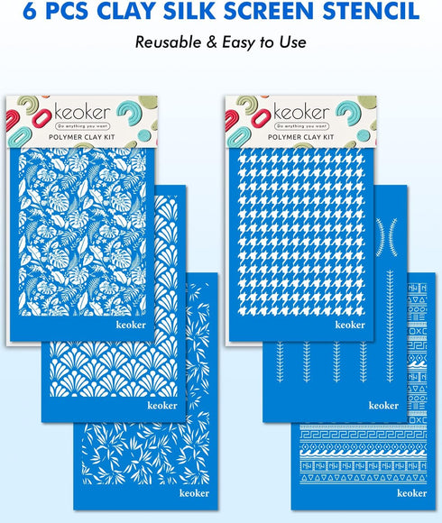 Silk Screen Stencils for Polymer Clay, 6PCS Reusable Silkscreen Print Kit, Working with Polymer Clay Earrings Cutters for Printing on Clay & Other...