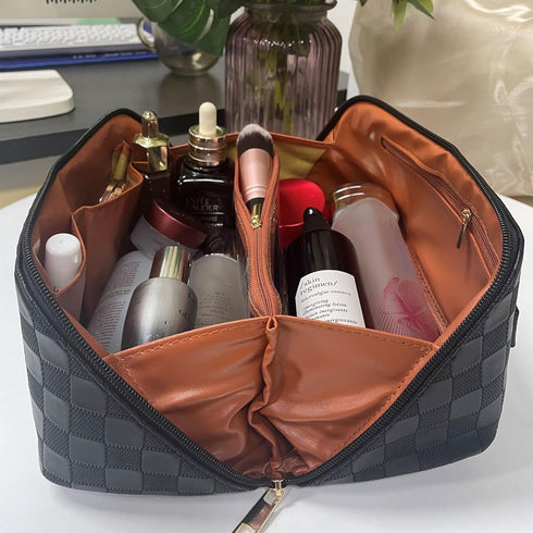 MINGRI Large Capacity Travel Cosmetic Bag for Women,Makeup Bag Travelling PU Leather Cosmetic Bag Waterproof,Multifunctional Storage Travel Toilet...