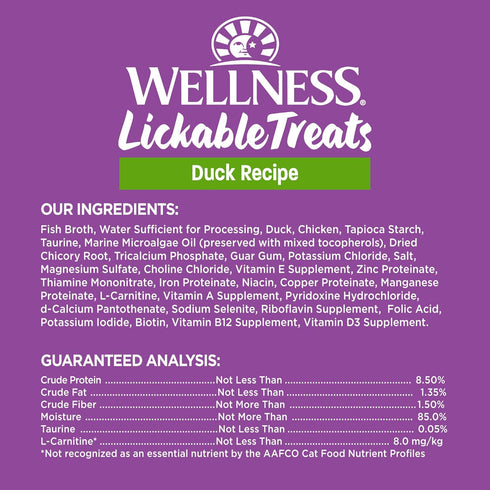 Wellness Lickable Treats Soft Puree Natural Grain Free Adult Cat Treats, Duck Recipe, Contains 6-0.4 Ounce Squeezable Tubes...