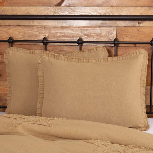 VHC Brands Burlap Pillow Sham Cover with Fringed Ruffle Cotton Farmhouse Decor Button...