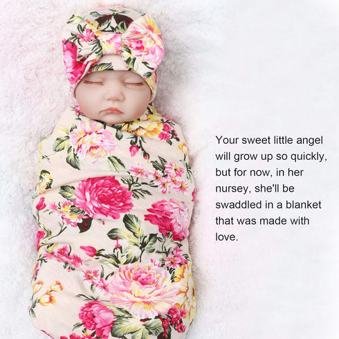 Newborn Baby Receiving Blankets Girl with Bow Hat Headband Wooden Birth Card Set Baby Swaddles for Newborns Toddler Gift...