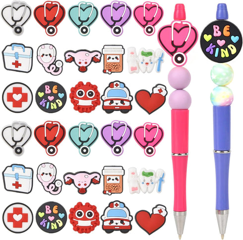 30pcs Silicone Focal Beads for Pens Silicone Focal Beads Bulk Cute Beaded Pen Decor Silicone Beads for Keychain Making,Nurse...