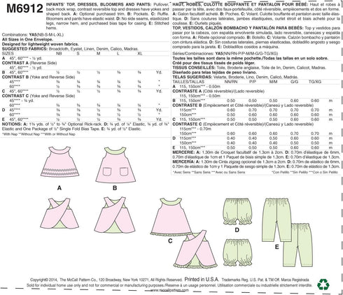 McCall Pattern Company M6912 Infants Reversible Top Dresses Bloomers and Pants, Size YA5...