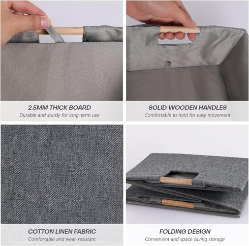 Fabric Storage Bin Box Foldable Cotton Linen Storage Basket with Wooden Handles Rectangular Cube Decorative Home Laundry Organizer Clothes Blanket...