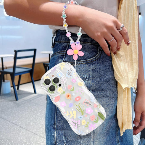 for iPhone 14 Pro Max Case, Cute Colorful Flower Curly Wave Clear Case with Lovely Flower Bracelet Chain for Women Girls Soft TPU Shockproof Prote...
