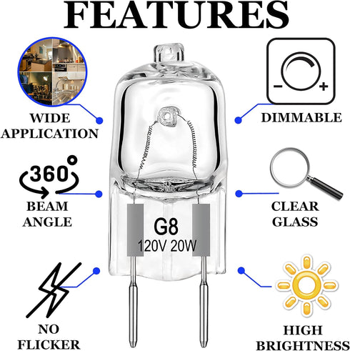 G8 Halogen Light Bulbs 2 pin - G8 Base 20 Watt Light Bulb 120V Dimmable Warm White 2700K - T4 JCD Type Under Cabinet Lighting Bi-Pin Puck Light Bu...