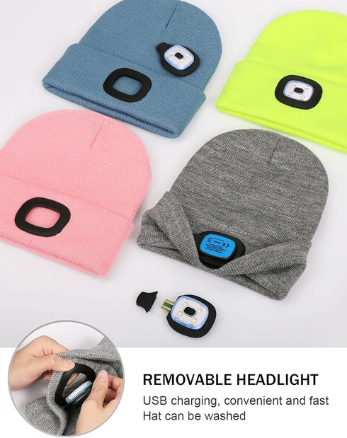 LED Beanie with Light,Unisex USB Rechargeable Hands Free 4 LED Headlamp Cap Winter Knitted Night Lighted Hat Flashlight Women Men Gifts for Dad Hi...
