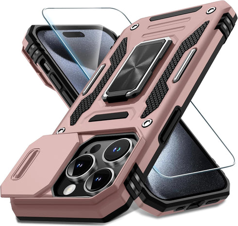 DEERLAMN for iPhone 15 Pro Max Case with Slide Camera Cover+Screen Protector(1 Pack), Rotated Ring Kickstand Military Grade Shockproof Protective ...