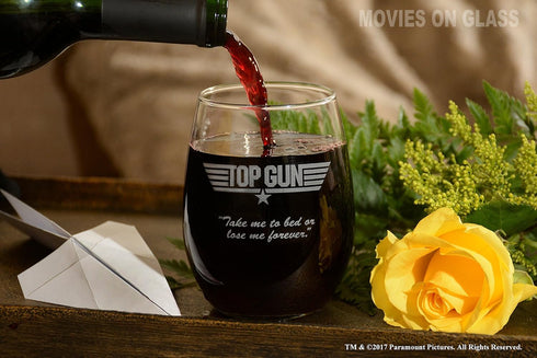 Top Gun Etched Stemless Wine Glass - with Logo & Quote "Take me to bed" - Officially Licensed, Premium Quality, Handcrafted Glassware, 15oz., Perf...