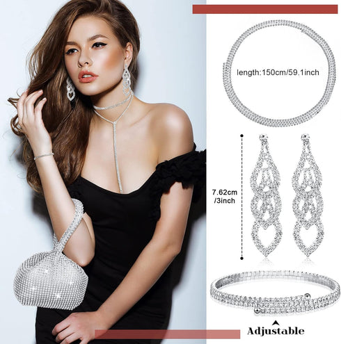 Meanplan Silver Bling Clutch Purse Rhinestone Jewelry Set 4 Pieces Crystal Dangle Fringe Earrings Bridal Wedding Choker Necklace Bracelet and Even...
