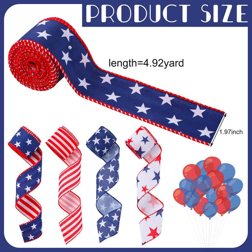 4 Rolls 4th of July Wired Ribbon 20 Yard Red White Blue Decorative Ribbon Patriotic Stars Stripes Edge Ribbons for Independence Day Bows DIY Wreat...