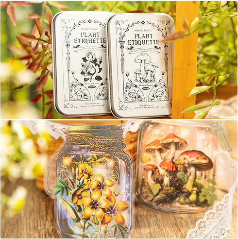 100Pcs Botanical PET Stickers, 2 Styles of Retro Mushrooms and Yard Plant PET Scrapbook Stickers Kit for Art Diary Card Craft Gifts Planner Notebo...
