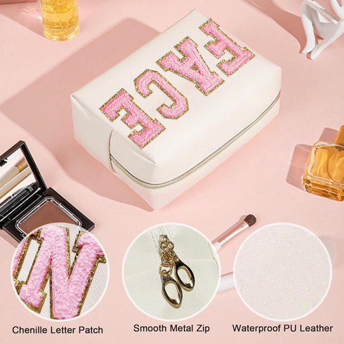 Chenille Letter Patch Makeup Bag, Preppy Cosmetic Bag PU Leather Skincare Bag with Zipper, Toiletry Bag Waterproof Travel Organizer Bag for Women ...