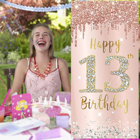 Happy 13th Birthday Door Banner Backdrop Decorations for Girls, Pink Rose Gold 13 Birthday Party Door Cover Sign Supplies, Thirteenth Year Old Bir...