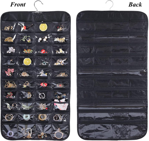 Cemueo Hanging Jewelry Organizer, Double Sided 80 Pocket Jewelry Chain Storage Bag 2 Layer of Fabric Jewelry Organizer Holder for Necklace Bracele...