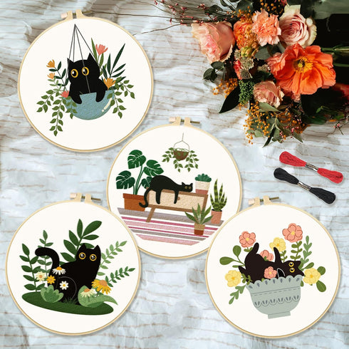 INFUNLY 4 Sets Embroidery kit with Cat Pattern Embroidery Kit for Beginners DIY Beginner Cat Embroidery Set Plant Cat Cross Stitch Kit for Adults ...