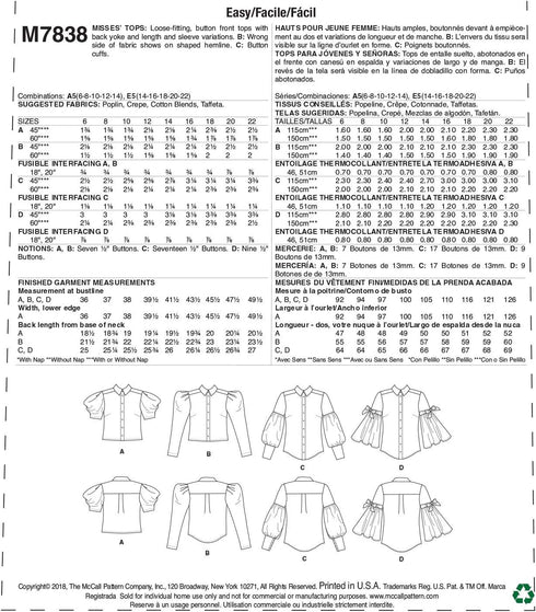 McCall's Patterns McCall's Loose Fit Women's Button-Up Blouse Sewing Patterns, Sizes 6-14...