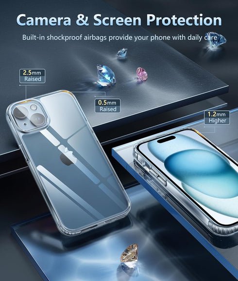 FNTCASE for iPhone 15 Phone Case: Clear Slim Shockproof Cell Phone Protective Cover | Anti Yellowing Scratch Proof Drop Proof Tough 5G Mobile Phon...