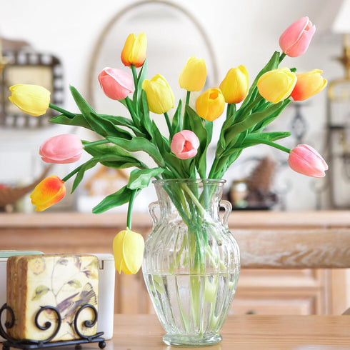FiveSeasonStuff 15 Stems Real Touch Artificial Tulips – Lifelike Faux Flowers for Home, Weddings, Gifts & Spring Floral Décor (Festive Bloom – Ora...