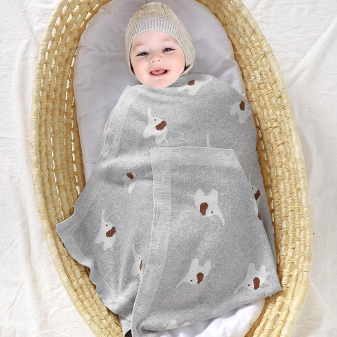 100% Cotton Baby Blanket Knit Soft Cozy Swaddle Receiving Blankets Toddler Infant blanket with Lovely Elephant for Newborn Boy Girls - Grey, 90 x ...