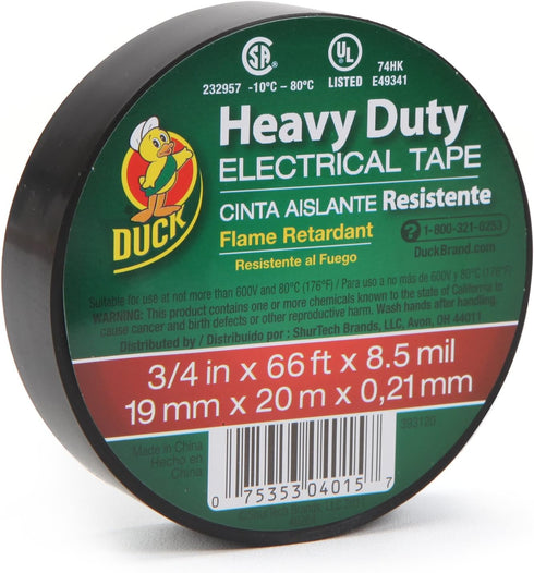 Duck Brand Heavy Duty Electrical Tape, 0.75-Inch x 66-Feet, Single Wrapped Roll, Black (393120)...
