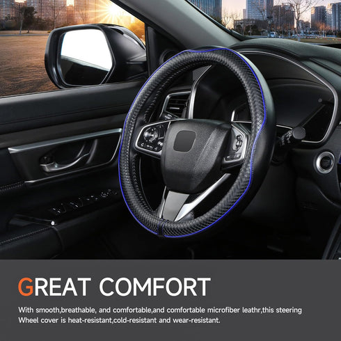 Leather Steering Wheel Cover?Black with Blue line?Anti-Slip, Safety, Soft, Sports Style, Black Steering Wheel Cover, Adaptable to 14.5-15 inches S...