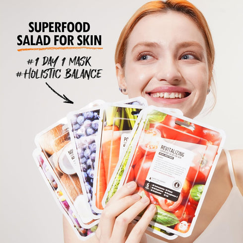 FARMSKIN Superfood Salad Sheet Mask Set of 6 | Face Mask Sheets including MangoSteen, Broccoli, Carrot, Coconut, Blueberry & Tomato | Refreshing, ...