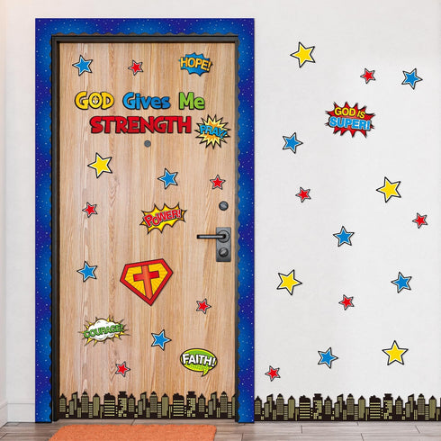 Hero Christian Bulletin Board - 87Pcs Back to School Bible Verse God Gives Me Strength Classroom Decoration, Hero Theme Stars Cutouts Buildings Bo...