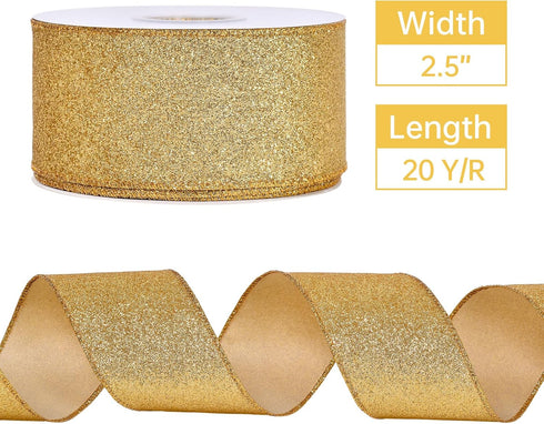 YAMA Glitter Wired Ribbon, Gold, 2-1/2 inch x 20 Yards, for Christmas, Gift Wrapping, Wreath, Crafts, Bow Making and Party Decoration...