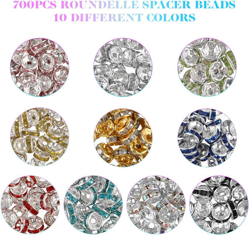 IMIKEYA Rondelle Spacer Beads: 700Pcs 8mm Rondelle Beads for Jewelry Making Rhinestone Spacer Beads 10 Colors Crystal Bead Spacers Flat Round Loos...