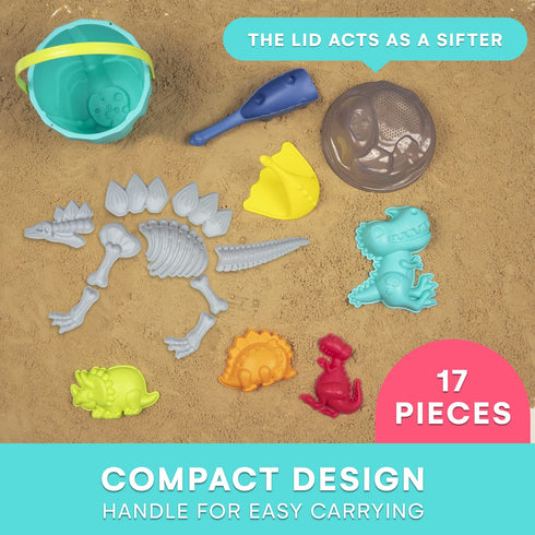 Dinosaur Beach Toys and Sand Tools Kids Set - Outdoor & Travel Fun for Toddlers, Boys or Girls with Dino Bucket for Sand Castle Building Kit - 21 ...