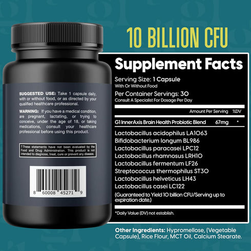 InnerAxis 2-in-1 Brain and Gut Health Probiotic, 10 Billion CFU, 8 Probiotic Strains for Gut, Psychobiotic, Mood and Brain Support, Acidophilus Pr...