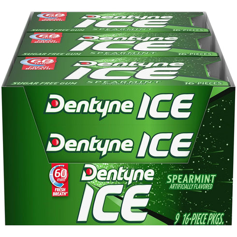 Dentyne Ice Spearmint Sugar-Free Chewing Gum, 9 Packs of 16 Pieces (144 Total Pieces)...