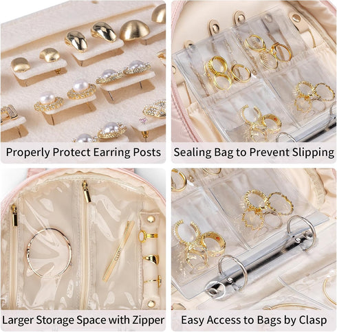 Vlando Jewelry Travel Organizer Case, Jewelry Storage Book Ring Binder with Jewelry Bags Clear Booklet Zipper Pouch Bag for Necklaces, Earrings, R...