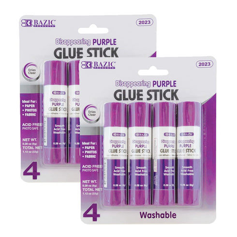 BAZIC Washable Disappearing Purple Glue Stick 8g / 0.28 Oz., Color Acid Free Glue Sticks for Photos Paper Kids at School Office (4/Pack), 2-Pack...