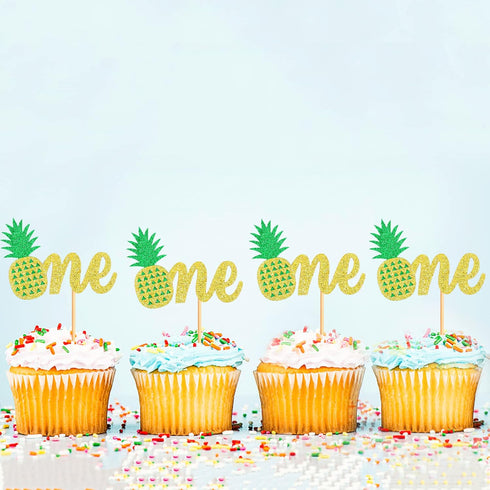 Ercadio 24 Pack Pineapple One Cupcake Toppers Glitter Pineapple 1st Birthday Cupcake Picks Hawaii Luau Tropical Cupcake Decors Summer Theme Baby S...