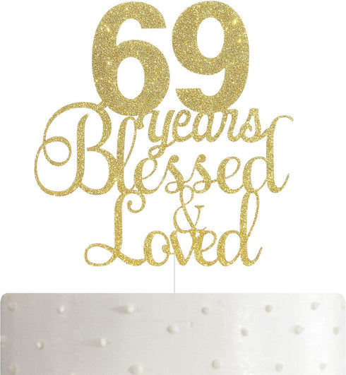 ALPHA K 69th Birthday/Anniversary Cake Topper – 69 Years Blessed & Loved Cake Topper with Gold Glitter...