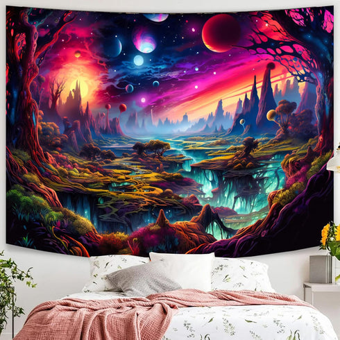 Simpkeely Fantasy Planet Tapestry, Blacklight Forest Natural Landscape Retro Aesthetic Wall Hanging, UV Reactive Sunset Trees Tapestries for Bedro...
