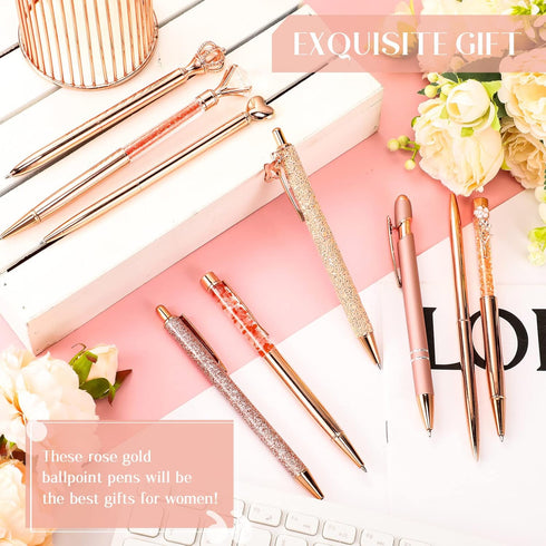 9 Pcs Rose Gold Ballpoint Pens Set with Metal Crystal Diamond Design for Women - Fancy Pens for Journaling, Writing, Gifts...