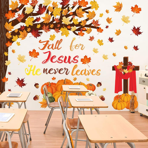 124 Pcs Fall Tree Classroom Bulletin Decor Fall for Jesus He Never Leaves Bulletin Board Set Autumn Maple Leaves Pumpkin Harvest Cutout for Thanks...