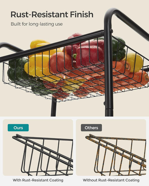 SONGMICS 3-Tier Metal Rolling Cart on Wheels with Baskets, Lockable Utility Trolley with Handles for Kitchen Bathroom Closet, Storage with Removab...