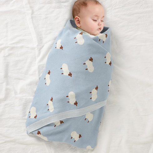 mimixiong Baby Blanket Knit 100% Cotton Toddler Blankets for Boys and Girls with Cute Sheep Size 30 x 40 inches Blue...
