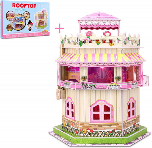 Rooftop Romance 3D Puzzle Dollhouse for Girls - Easy to Assemble 3-D Miniature Doll House Building Kit with LED Light for Kids - Educational Paper...