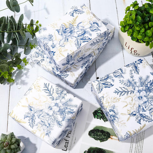 JarThenaAMCS 100 Sheet Floral Tissue Paper Blue Gold Flower Berry Wrapping Paper Vintage Art Tissue for Wedding Birthday Baby Bridal Shower DIY Cr...
