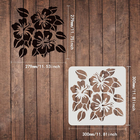 FINGERINSPIRE Hibiscus Flowers Stencil 11.8x11.8 inch Hawaii Flower Stencil Reusable Square Flowers Leaf Plant Washable DIY Stencil Template for P...