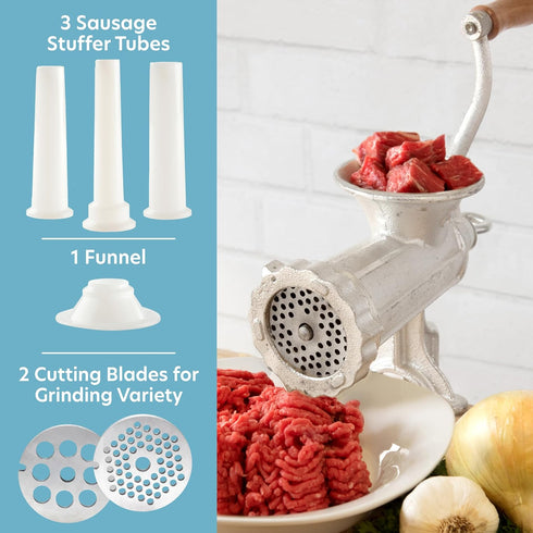 Meat Grinder w Tabletop Clamp & 2 Cutting Disks, Cast Iron Heavy Duty Sausage Maker & Manual Meat Mincer- Homemade Burger Patties, Ground Beef & M...