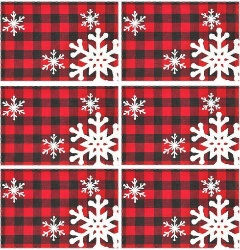 Christmas Red Plaid Snow Snowflake Placemats Set of 6 Table Mat, Red Black Lattice Texture Table mats Placemats Heat-resistant Stain Resistant Was...