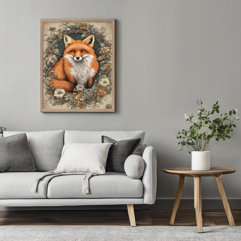 Posterizer 1 pcs- Red fox in a circular frame with flowers arround it-Art for Animal Lovers-Floral Botanical Art- Gift for Men Women Teens-Decor f...