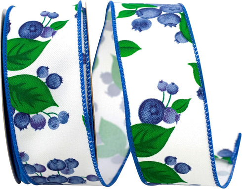 Reliant Ribbon 93881W-030-09F Blueberries & Stems Twill Wired Edge Rd Ribbon, 1-1/2 Inch X 10 Yards, White...